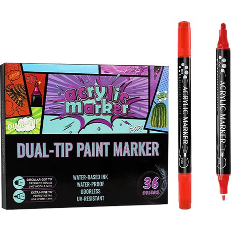 1 marqueur acrylique à double pointe, pointe fine et pinceau, pour pierres, céramique, bois, papier et toile (1/5)
