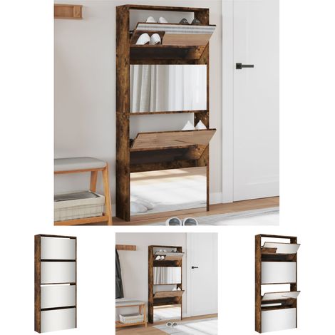 The Living Store Schuhschrank mit Spiegel 4 Fächer Räuchereiche 63x17x134 cm - Schuhregale & -schränke (1/5)