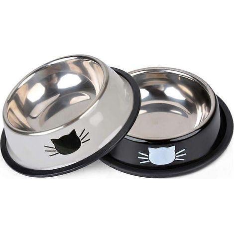 Gamelle pour chat, lot de 2 gamelles pour chat en acier inoxydable avec revêtement antidérapant, noir et blanc cassé, 15,5 x 4,5 cm (1/5)