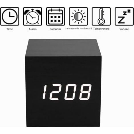 Réveil en Bois - Horloge Digitale LED Mini avec Affichage De L'Heure De La Température, Luminosité à 3 Niveaux Et ContrôLe Vocal Idéal pour Les Voyages à Domicile - AC10BlackWhite (1/4)