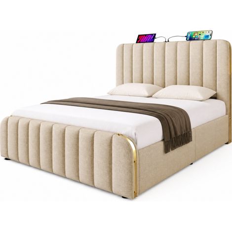 CHICFURN Lit coffre 160x200 cm en tissu beige avec tête de lit capitonnée, ports USB et Type-C, cadre hydraulique, rangement spacieux, sommier à lattes, sans matelas (1/5)