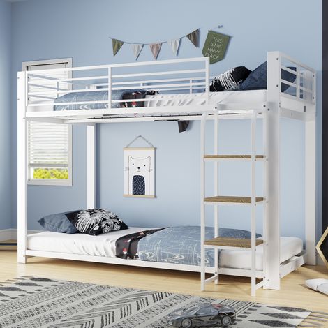 Letto a castello per bambini 90x200 cm in metallo bianco con scala, salvaspazio – MEUBLIV (1/5)