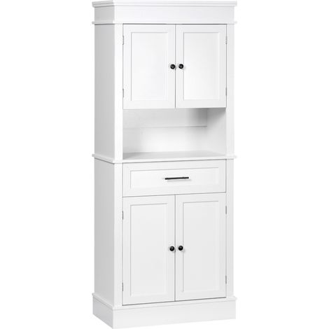 Buffet de cuisine, meuble de cuisine avec plusieurs compartiments de rangement, 2 placards, 2 portes, tiroir, niche, panneaux de particules MDF, blanc E1