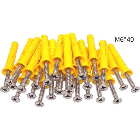 Paquete de 100 tornillos autorroscantes de cabeza plana en cruz, de acero inoxidable 304, M6 x 40 mm, con tacos de expansión de plástico (1/4)