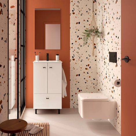 Badezimmermöbel INARA 500, reduzierter Tiefenmaß, 2 Türen und 1 Schublade WEISS SATIN + Waschbecken + Spiegel (1/3)