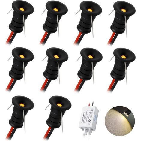 10 pcs Mini Spot LED Encastrable 12V 0.5W, IP65 Étanche Petite Taille Lampes Avec Transfo 220V, 10mm Pointeur Éclairage Encastré Pour Meuble Veilleuse Armoires Escaliers (Noir Blanc Chaud, 120°) (1/5)