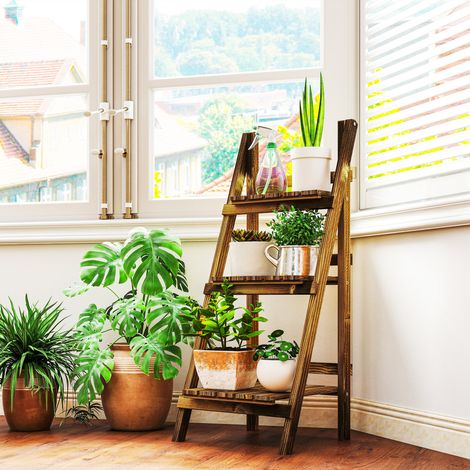 Support pliable pour plantes, porte-pots en bois de sapin, étagère extérieure à 3 niveaux, 40 x 37 x 93 cm