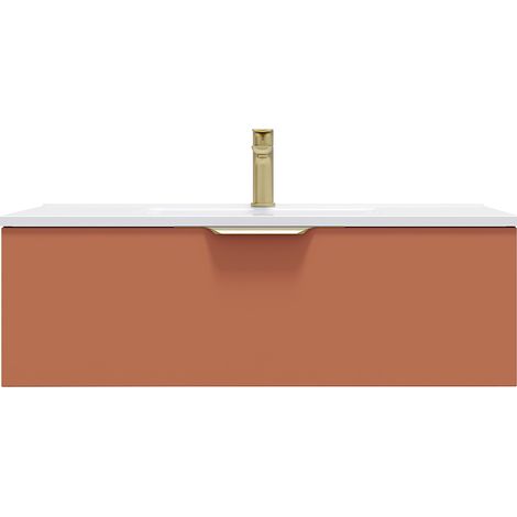 Homifab – Meuble bas de salle de bain suspendu 90cm – Vasque intégrée céramique blanc brillant – 1 tiroir – Finition mate terracotta – Poignées doré brossé (1/5)