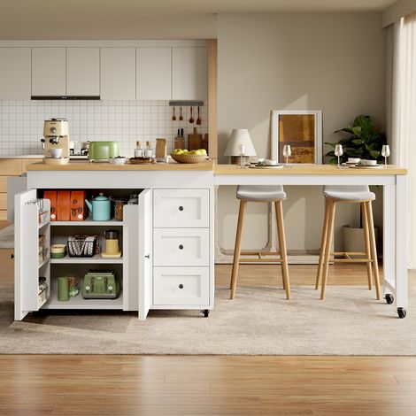 Îlot central extensible avec rangements, 116-179,5 cm, plateau coulissant jusqu'à 69,5 cm, 3 tiroirs, étagères latérales, roues, finition blanc/noir (1/5)