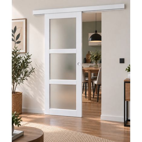 Porte Coulissante Kenya Blanc Vitrée H204 X L83 Cm, Rail Alu Bandeau Blanc, Coquilles Blanc Gd Menuiseries (1/3)