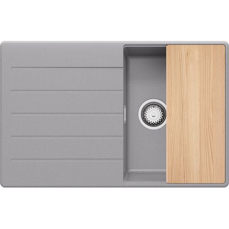 PRIMAGRAN Evier Cuisine en Granit 78x50cm, Lavabo 1 bac + Kit de Vidage + Planche à Découper, Évier à Encastrer au meuble 45cm - Copenhague, Gris (1/5)