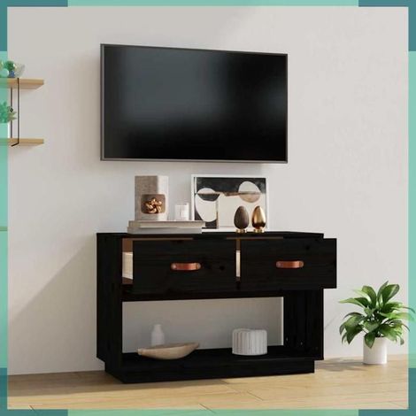 821526 Meuble TV Noir 90x40x60 cm Bois de pin massif (1/5)