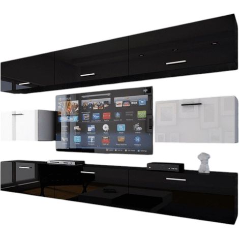 Set di mobili da soggiorno nero e bianco sospesi collezione CEPTO VII 249cm, 8 porte, modulari.
