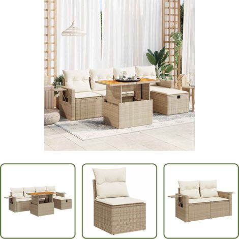 Gartenmöbel -  6-tlg. Garten-Sofagarnitur mit Kissen Beige Poly Rattan Akazie (1/5)
