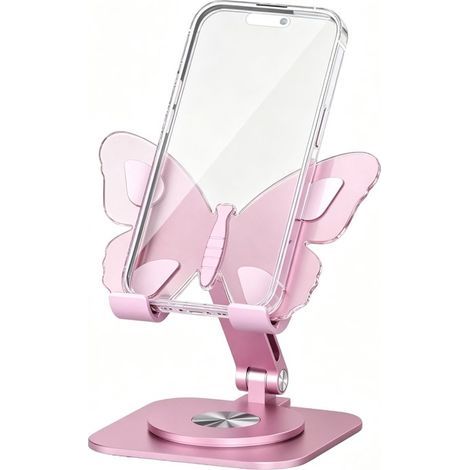Support de téléphone papillon en aluminium - Rose - Rotation à 360° - Support de bureau de luxe pour smartphone et tablette (1/5)