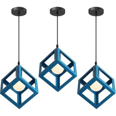 U-Do 3Pcs Lustre Suspension Carré en Fer Bleu E27 Ajustable Lustre Plafonnier Exquise Lampe Intérieur design Vintage pour Cuisine (1/4)