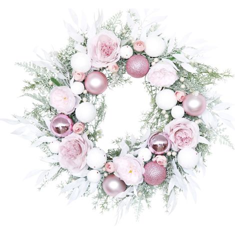 Couronne de noël décorative, fleurs artificielles, décoration de porte de maison, de mariage, de vacances, boule rose 55cm x 55cm (1/5)
