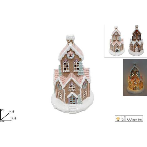 Decorazione Natalizia Casa Natale in Ceramica Decoro Biscotto con Luci 23 cm 2 Colori