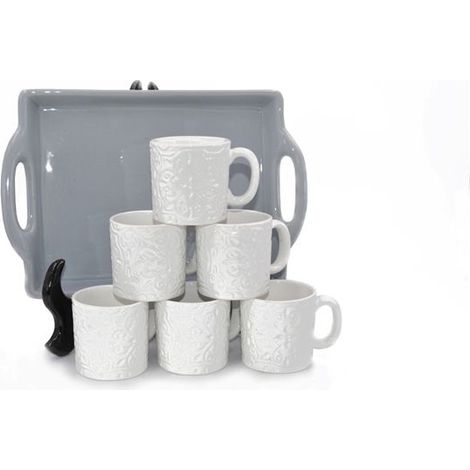Set Caffè 6 Tazze Tazzine con Vassioio in Ceramica Decoro Grigio