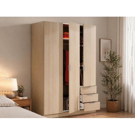 Dmora - Guardarropa Dnespol, Armario dormitorio con 3 puertas y 3 cajones, Mueble con 3 baldas y barra perchero, 121x52h180 cm, Roble (1/5)