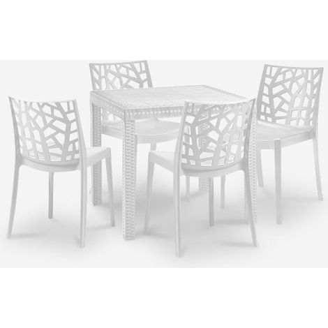 Set de 1 mesa de jardín para exterior 80x80 cm efecto ratán y 4 sillas color blanco Nisida Light