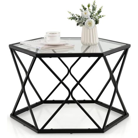 COSTWAY Mesa Auxiliar de Cristal, Mesa de Centro Geométrica Industrial, Mesa Redonda con Patas de Metal, Mesita de Sofá Moderna para Salón, Terraza y Dormitorio, Capacidad hasta 15 kg, 65 x 40 x 56 cm (1/5)