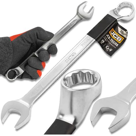 Clé à fourche coudée à 75° JCB 19 mm en acier CR-V à double extrémité (1/5)