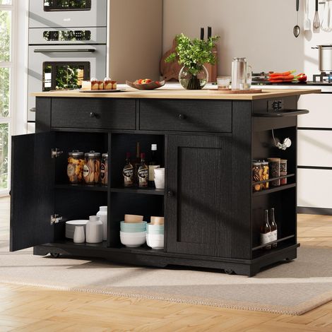 Elegante Kücheninsel mit Steckdosen,Multifunktionalem Küchenwagen und Buffetschrank in Schwarz-Ideal für stilvolles Kochen und Servieren (1/5)