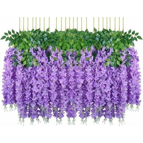 Fleurs artificielles, 24 pièces artificielles faux glycine vigne suspendus fleurs en soie décor de fête de mariage à la maison (24 pièces, 110 cm / chaque brin, violet) (1/5)