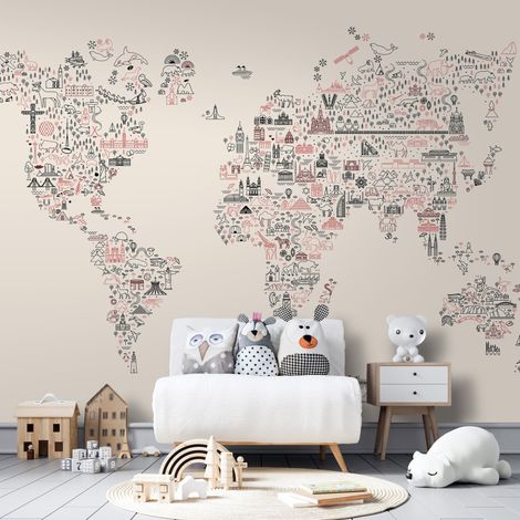 Sfondo fotografico - Mappa di icone - una rappresentazione a fumetti del mondo in colori pastello (1/4)
