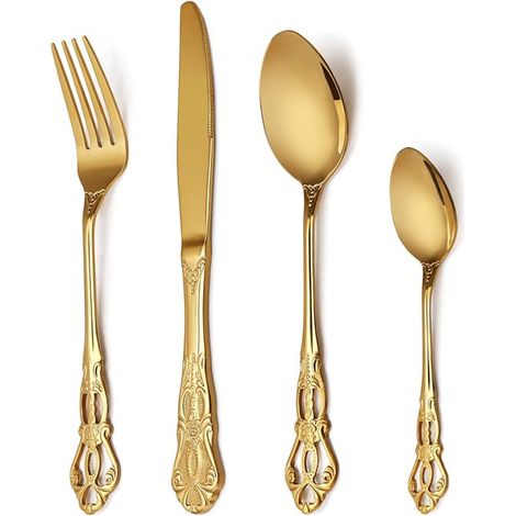 Set de 4 couverts dorés – Acier inoxydable – Cuillère à spaghetti incluse – Lave-vaisselle – Ustensiles de cuisine (1/5)