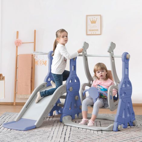 Tobogán de interior para niños, tobogán 4 en 1 para niños de 1 a 3 años, soporte de baloncesto, escalera de escalada, tobogán columpio, tobogán para interior y exterior, azul (1/5)