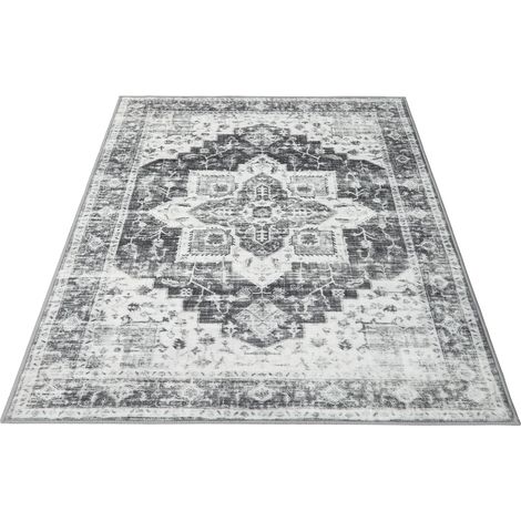 Tapis vintage oriental effet vieilli pour salon - Poils ras lavable, déperlant - Style farmhouse - Intérieur chambre/bureau/cuisine - 160 x 230 cm - Gris (Germany) (1/5)
