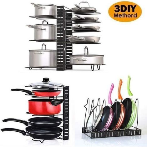 Porte-casseroles Détachable Support Acier Inoxydable 3 en 1 Organiseur de Poêle avec 8 Compartiments Réglables Rangement de Cuisine (1/4)