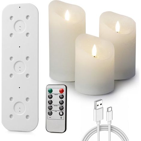 Lot de 3 bougies LED rechargeables - Effet flamme vacillante - Vraie cire - Avec télécommande - Bougies décoratives sans flamme (1/5)
