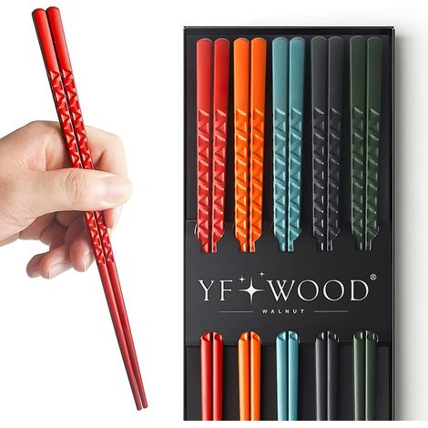 Lot de 5 Paires de Baguettes en Fibre de Verre - 24 cm, Fantaisie, Lave-Vaisselle, Coréennes Japonaises (5 Couleurs) - Boîte en Papier Kraft Incluse (1/5)