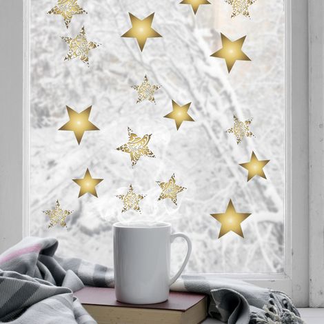 Sticker électrostatique Noël, décoration fenêtre 21x29,7cm, étoiles dorées, vitre décorée festive (1/4)
