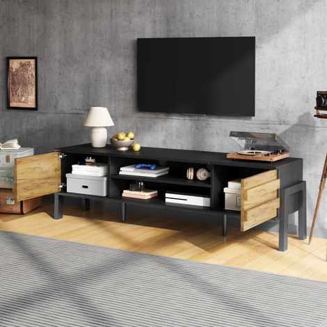 17539.553cm TV-Schrank, Lowboard TV Board, TV-Konsole mit 2 Schränke und Offener Lagerraum, Fernsehtisch, TV-Ständer, Wohnzimmerschrank, geeignet für Fernseher bis zu 70 Zoll