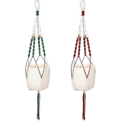 Suspension pour plantes avec LED, panier suspendu d'intérieur avec perles de bois, support décoratif pour pot de fleurs fait main de 94 cm (2 pièces) (1/4)