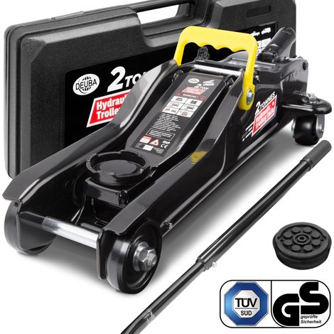 DEUBA® Hydraulic 2 Tonne Trolley Floor Jack for Cars  Lift Height 85-330 mm  Suitable for Lowered Vehicles  With Case and Rubber Pad  Portable Garage and Workshop Equipment
