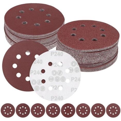 104 Pièce Disques-Abrasifs-Bois-125 mm de Ponçage,Disque de Ponçage,8 Trous Disque Poncage pour Ponceuse Excentrique Poncer/Polir/Dérouiller,Grain Mixte 40/60/80/100/120/150/180/240 Papier Poncer