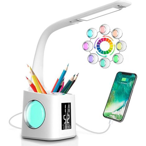 Lampe de bureau à LED à intensité variable. Lampe d'étude de couleur avec horloge, support de rangement, calendrier, écran LCD, lampe de bureau à LED adaptée à la maison, à la chambre (1/5)