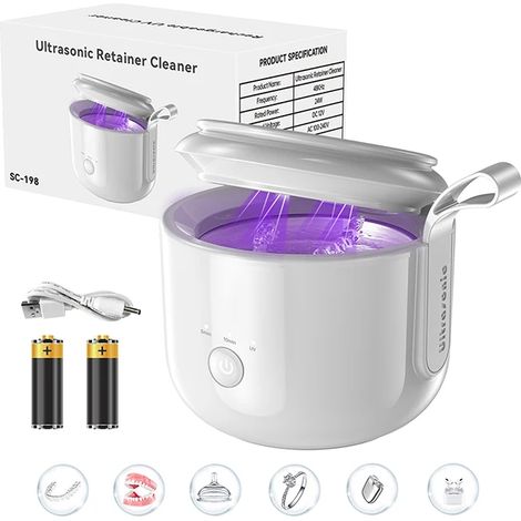 (Blanc) Nettoyeur à ultrasons, 200 ml, avec trois modes UV, convient aux appareils orthodontiques, aligneurs, etc. (1/5)