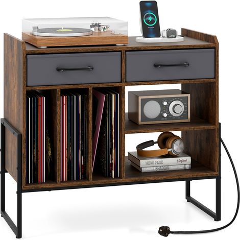 COSTWAY Large Record Player Stand w/ Charging Station Mid Century Modern Vinyl Storage Cabinet