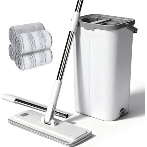 Serpillière Seau Essoreur,  Serpillère Microfibre Plat avec Manche INOX, Balai Plat Rotative 360° avec 4 Serpillères Réutilisables, Balai Serpillière pour Nettoyage Tous Types de Sols (1/5)