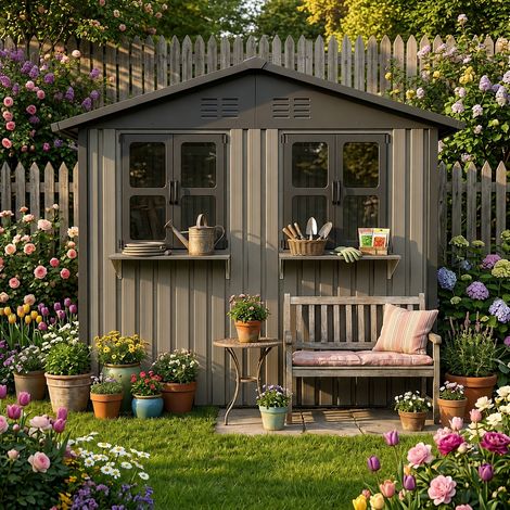 MODFU – Casetta da giardino in metallo 275,7x181,7 cm con porte chiudibili a chiave, finestre apribili, tetto rinforzato e carico 150 kg – Marrone (1/5)