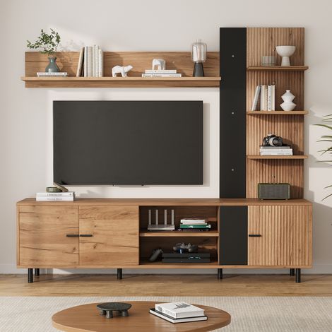 TV Wohnwand-Set Holz Schwarz mit Vitrine, Anbauwand für TV bis 80 Zoll, 187,5 cm Breite (1/5)
