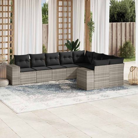 Set muebles jardín 9 pzas y cojines ratán sintético gris claro vidaXL (1/5)