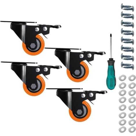 50 mm Roulettes pour meubles avec 4 freins de verrouillage, jusqu'à 300 kg, roulettes charge lourde pivotantes à 360 degrés, pour tous les sols, meubles, équipements (paquet de 4) (1/5)