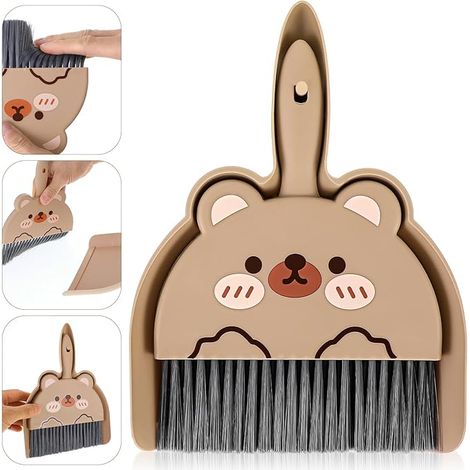 Portable Hand Broom and Dustpan Set,Cute Mini Broom and Dustpan Set with Durable Brush,Lightweight Small Dust Pan and Broom Set for Desktop Cleaning Small Space Cleaning(Brown Bear)